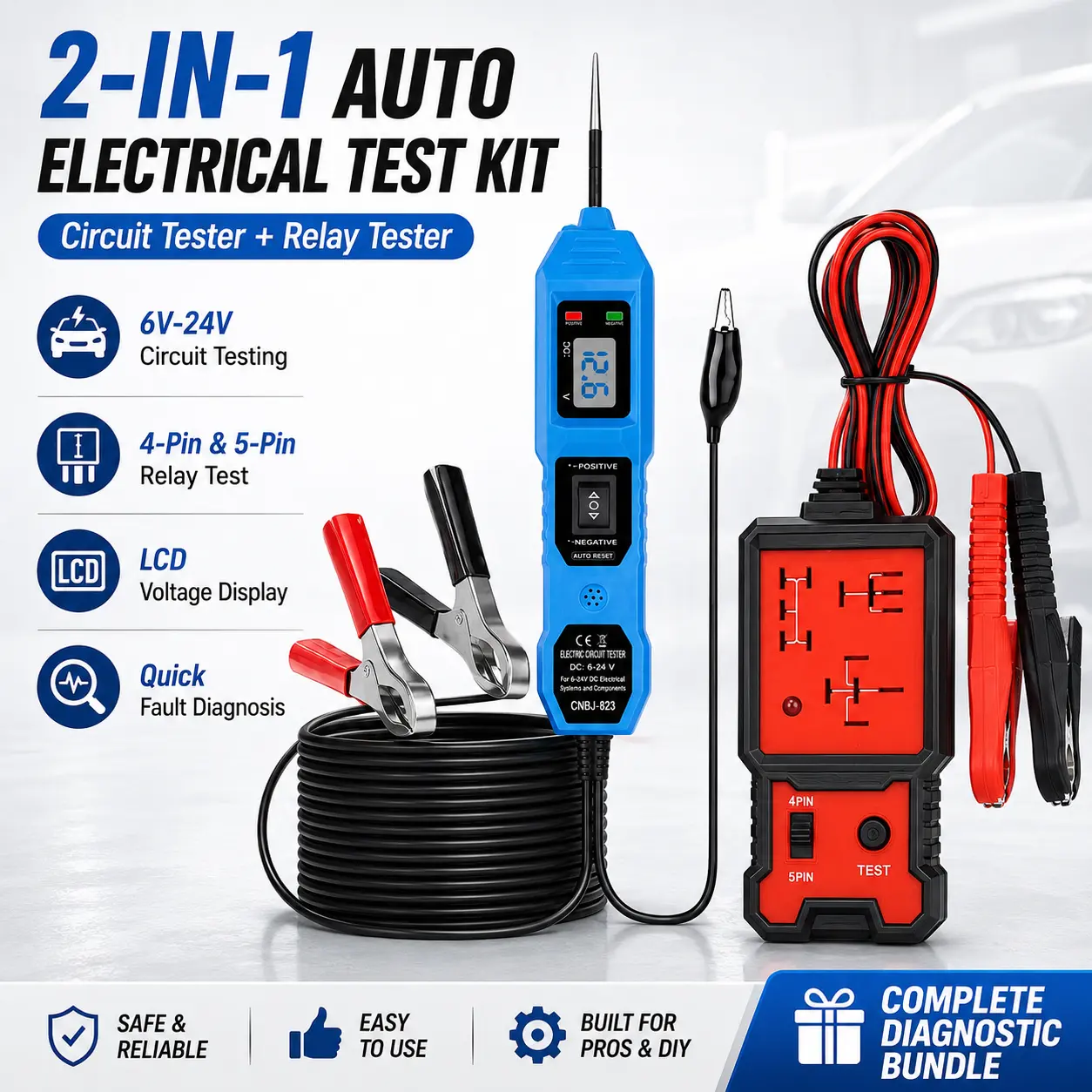 2-in-1 Car Electrical Diagnostic Kit, 6-24V Circuit Tester with Digital Voltage Display & Automotive 4/5-Pin Relay Tester