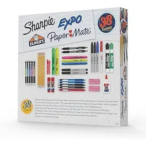 School Supplies Kit, Highlighters, Mechanical Pencils, Glue Sticks, Erasers, Permanent Markers, Gel Pens, Pencils, School Glue and more from Sharpie, Elmer’s, Paper Mate, & Expo, 38 pieces