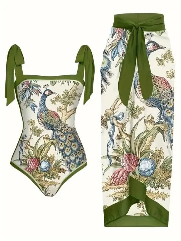 Mom-Friendly Peacock Floral Print Tie-Strap 1-Piece Swimsuit with Matching Wrap Skirt Set, Tummy Control, S-XL Sports Swimwear for Beach Vacation Summer Outfits