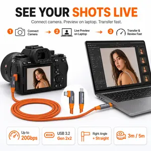 Wenlian USB-C Camera Tether Cable, USB 3.2 Gen 2x2 20Gbps Type-C Cable, Right Angle to Straight, 4K@60Hz Video Transmission, for DSLR Mirrorless Cameras, MacBook and Laptop