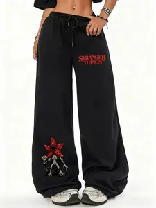 Stranger Things Demogorgon Floral Baggy Sweatpants for Women, Vibrant Villain Graphic Print & Show Logo, Premium Soft Fabric, Oversized Casual Lounge Bottoms for Sci-Fi Horror Fans & Daily Trendy Wear