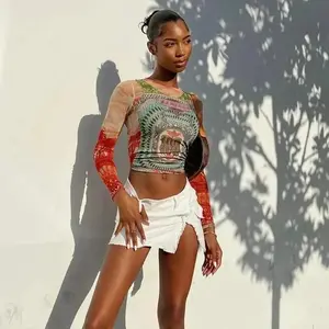 Women’s long-sleeve street mesh graphic print T-shirt tops, 2025 clothing