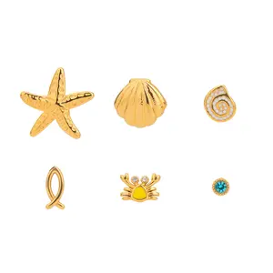 Stud Earrings for Women, 18K Gold Plated Starfish, Seashell, Crab & Conch Shell Flatback Hypoallergenic Earrings with Blue Stone