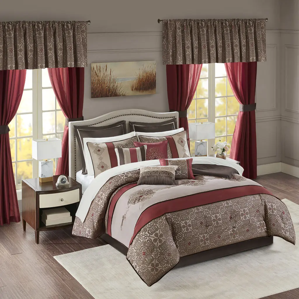 Madison Park Essentials Delaney 24-Piece Traditional Comfy Bedding Set - Satin Jacquard Synthetic Fabric, All Seasons Luxury, Sheets, Decorative Pillows, Euro Sham Flange, Tieback Window Fit Curtains, Valance, Queen Size, Spot Clean Compatible