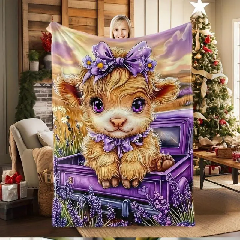 1pc Purple Highland Cow Flannel Throw Blanket, Multifunctional Printed Throw, Soft Stain-Resistant, All-Season Use for Bed, Sofa, Outdoor, Throw Blankets
