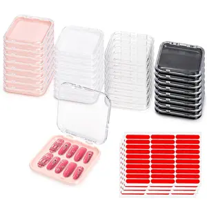 32 Pack Press on Nails Boxes, 2.75 x 2.75 Inch Press on Nail Display Case, Acrylic Fake Nails Storage Package Containers with 120 Adhesive Nail Tapes for Press on Nail Business Nail Art Salon