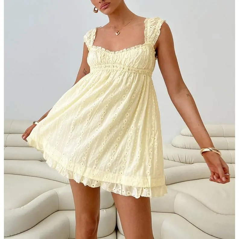 Women Square Neck Ruffle Eyelet Embroidery Mini Babydoll Dress Ruffled Spaghetti Strap Empire Waist Flowy A Line Short Sundress Double Layer Lace Hem Hollow Out Textured Cute Summer Swing Dress for Beach Brunch Date Night Vacation Casual Outfit Cotton