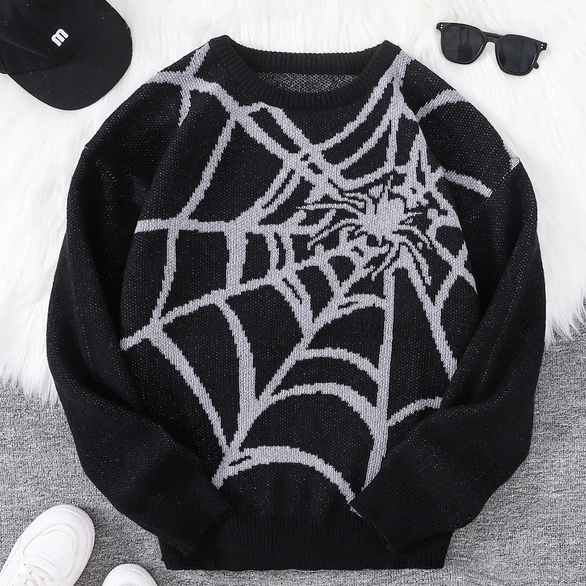 Men's Animal Spider Web Pattern Round Neck Crewneck Sweater - Regular Fitted, Stylish Drop Shoulder Long Sleeve Menswear Top for Spring & Fall Daily Casual Knitwear, Tops, Longsleeves
