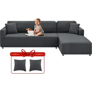 Sectional Couch Covers High Stretch 2 Pieces L Shape Sofa Cover with 2pcs Pillowcases Corner Couch slipcovers Chaise Cover with Elastic Bottom 3 Seats + 3 Seats (Gray)