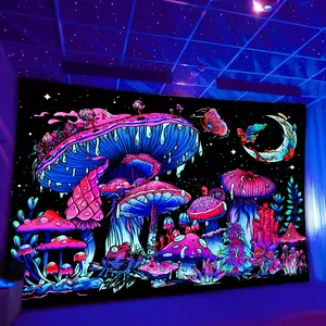 Polyester UV Blacklight Mushroom Print Tapestry - Lightweight, Machine Washable Home Decor Wall Fabric with Installation Kit, Wedding Decoration, Live Streaming Backdrop
