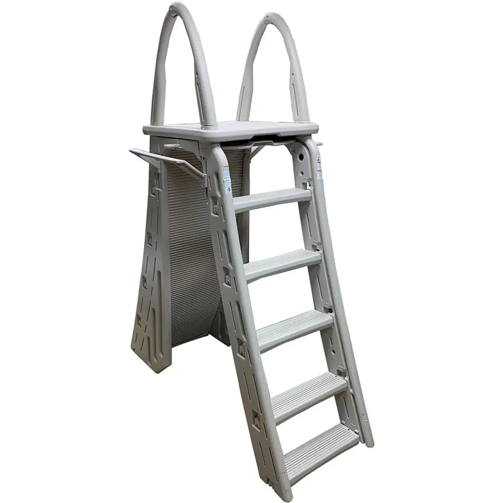 Confer Plastics 7200 Roll Guard 48" to 56" Adjustable A Frame Safety Ladder for Above Ground Outdoor Patio Swimming Pool Platform Ladder with Step Barrier, Warm Grey…