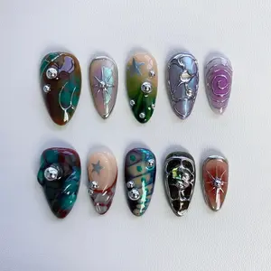 Yunara Nails - Dreamy Green Fall Press On Nails long almond nails - gothic nails - 3D Chrome nails - Metallic silver nail - Sun Star Nails - Y2k nails - Gyaru nails