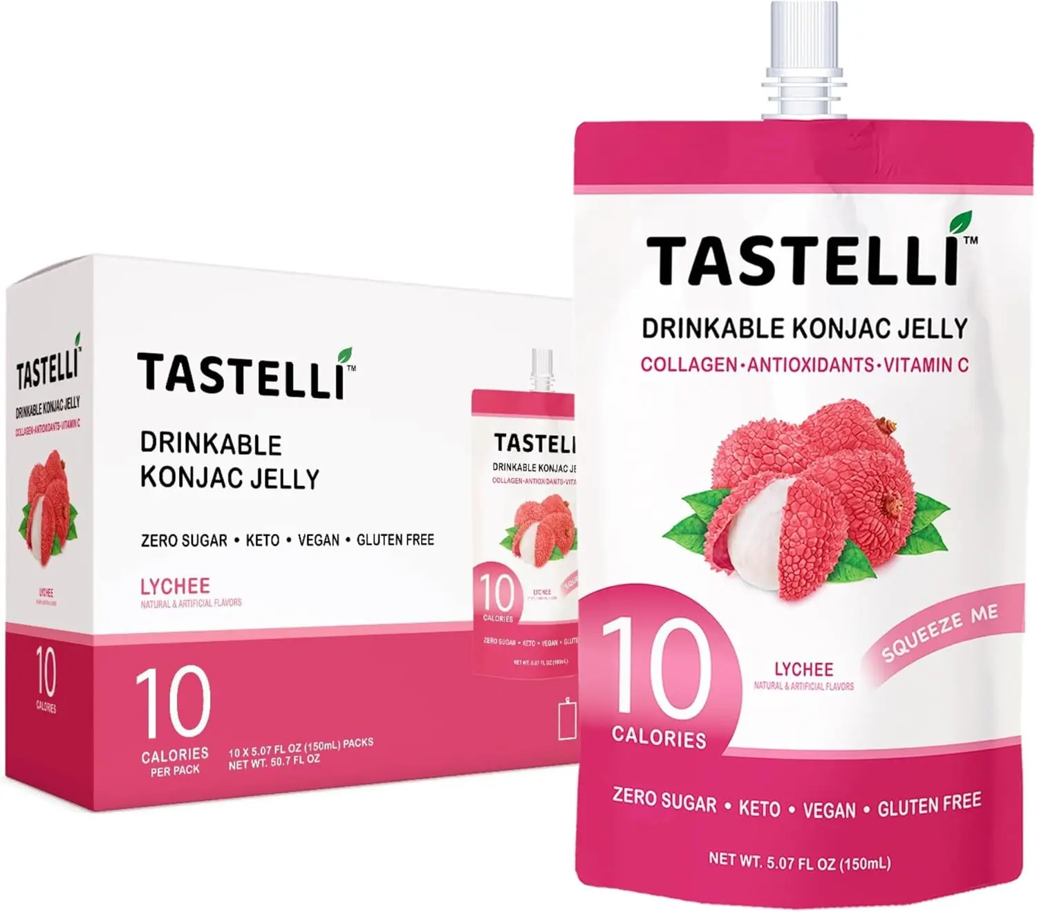 Tastelli Konjac Jelly Drink – Lychee | Infused with Collagen, Vitamin C & Antioxidants | 10 Calories, Zero Sugar, Vegan | Drinkable Dessert Pouch, 150mL x 10 Pack