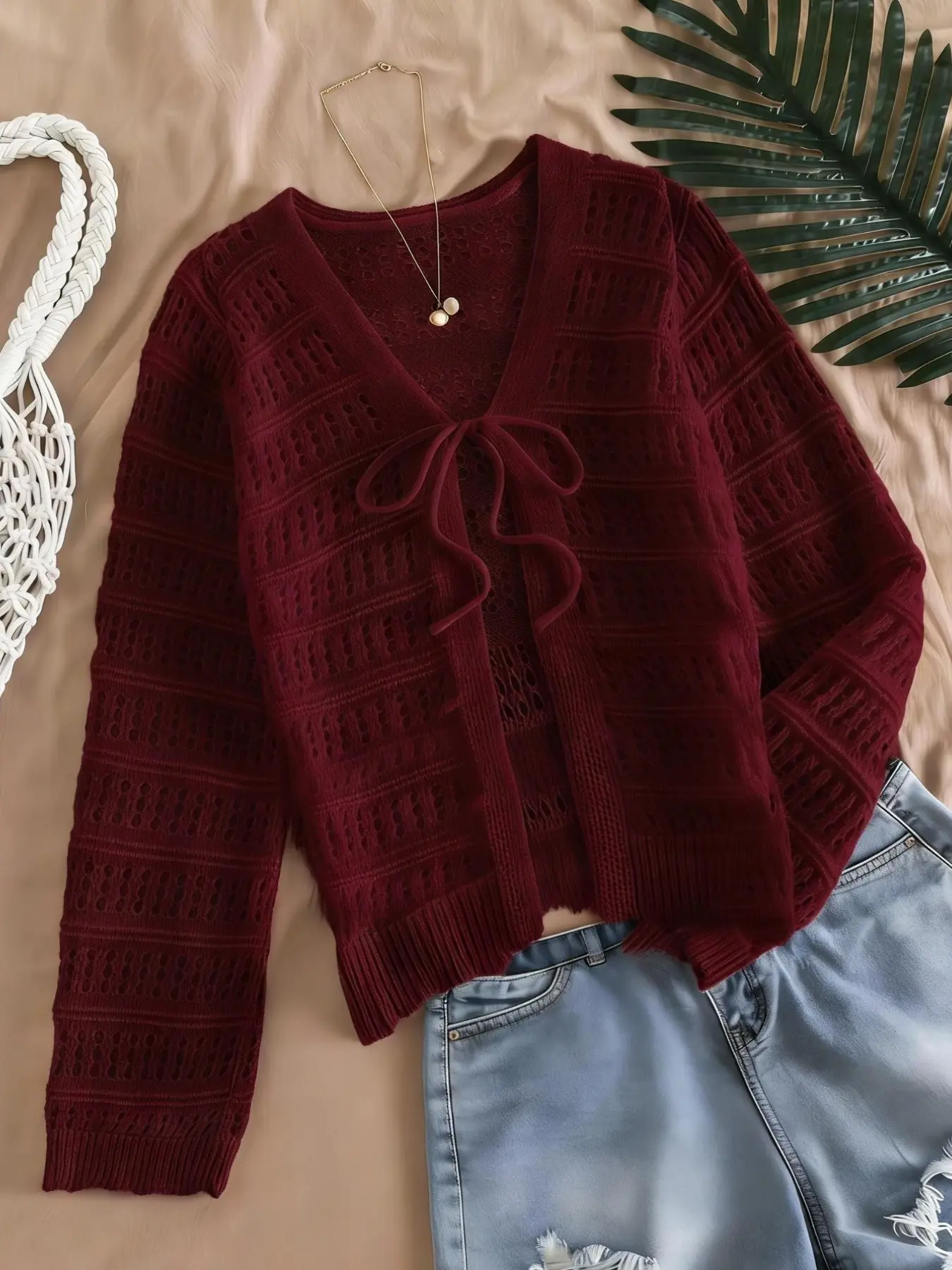Women's Hollow Out Tie Front Solid Color Knit Cardigan with Knitted Long Sleeves, Elegant Casual Aesthetic Style, Perfect for Spring and Summer, Comfortable and Stylish, Loose Fit, Knitwear