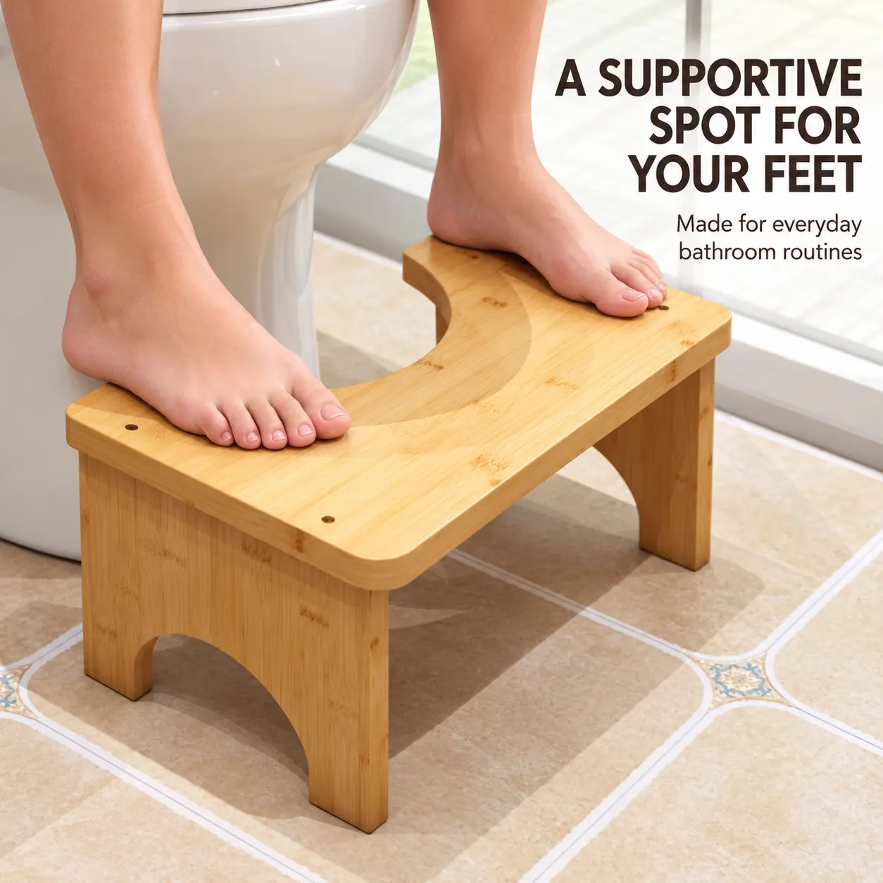 Bamboo Toilet Footstool with Support Cushion, Adult & Unisex Bathroom Footrest for Squatting Posture, Modern Toilet Stool for Home Use