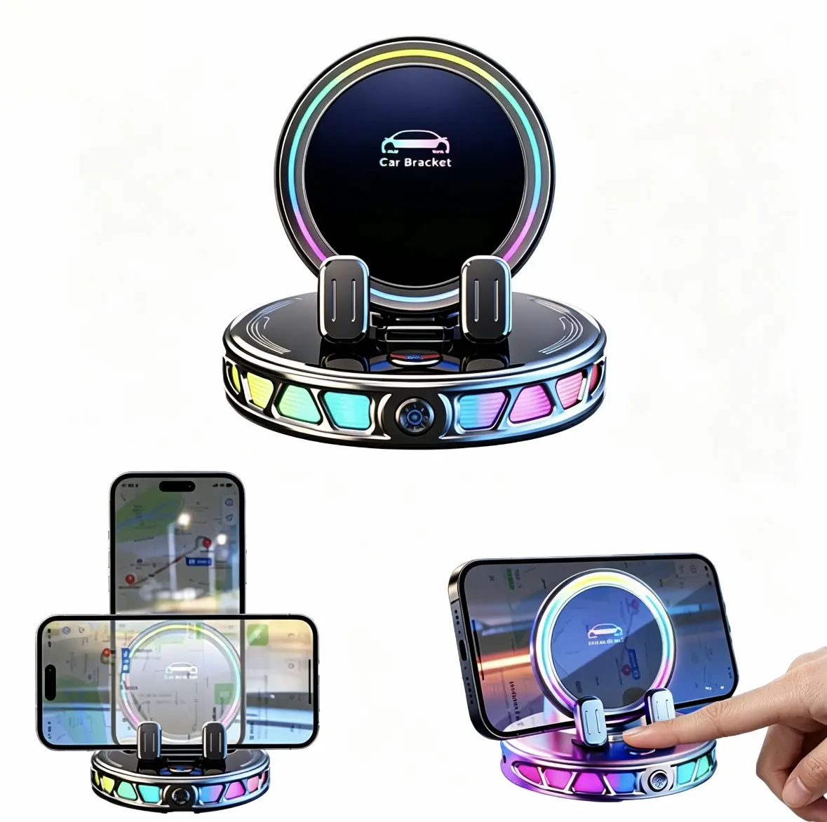 Car phone holder with Colorful Breathing Atmosphere Light, suitablefor car navigation in-car dashboard, horizontaland vertica screen adjustment angle, suctioncup fixed non-slip mobile phone holdersuitable for iPhone and Android, gift