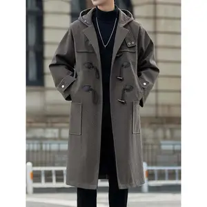 New Autumn and Winter Clothing Men's Mid-Length Horn Buckle Trench Coat Men's Solid Color Woolen Hooded Coat Jacket extra warmth jackets  for  men