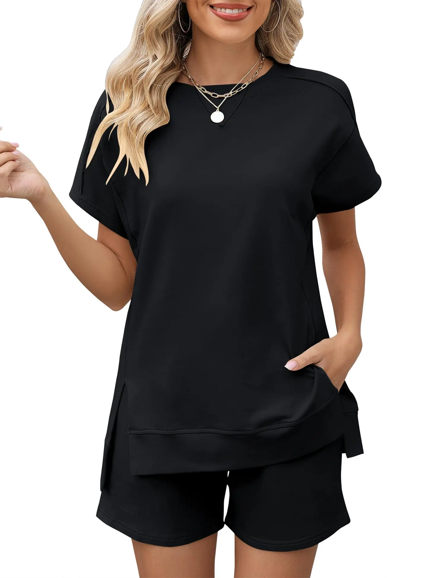 LOMON Womens 2 Piece Outfits Comfy Short Sleeve Lounge Wear Set Fashion Summer Shorts Tops with Pockets(BlackXXL)