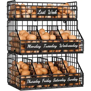 3 Tier Stackable Wall Mounted Countertop Egg Holder with Dividers & Labels, Black Egg Basket Organizer for Storing and Gathering Fresh Eggs