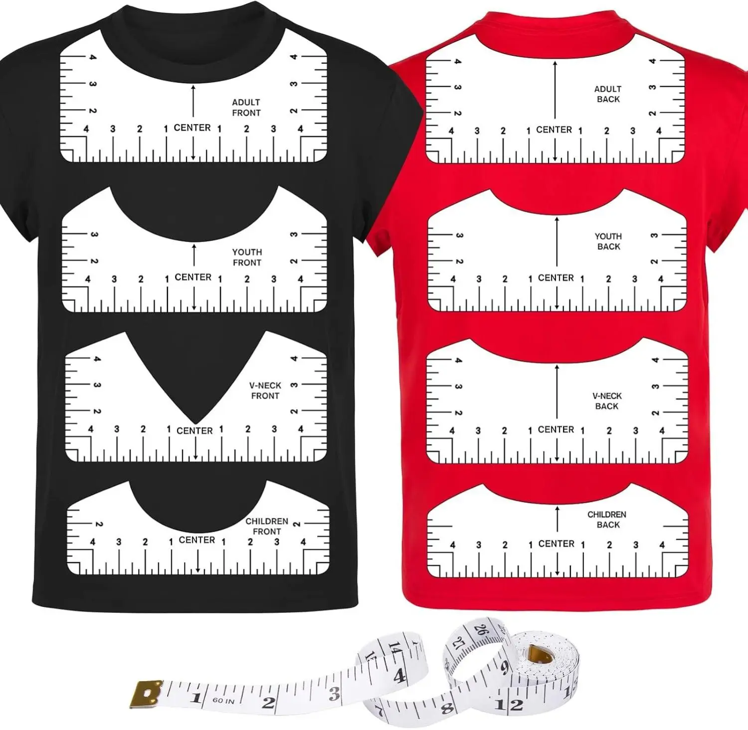New Deal - 9Pcs Tshirt-Ruler Guide to Center Vinyl, Transparent V-Neck/Round PVC Ruler for Alignment, Heat Press, Children Youth Adult, Front and Back Measurement (10in)