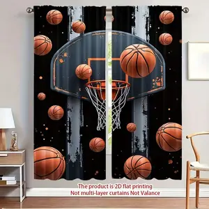 2 Piece Basketball Print Curtains, Fashionable Rod Pocket Window Drapes for Bedroom and Living Room, Comfortable Atmosphere, Easy Installation