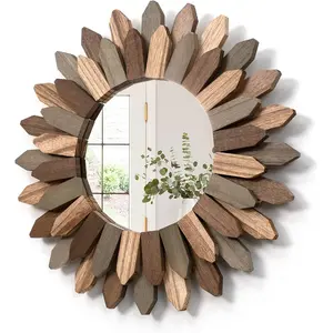 Wall Decor 12 inch Decorative Mirror with Rustic Wood Sunburst Frame, Perfect for Bedroom, Living Room, Bathroom, Kitchen