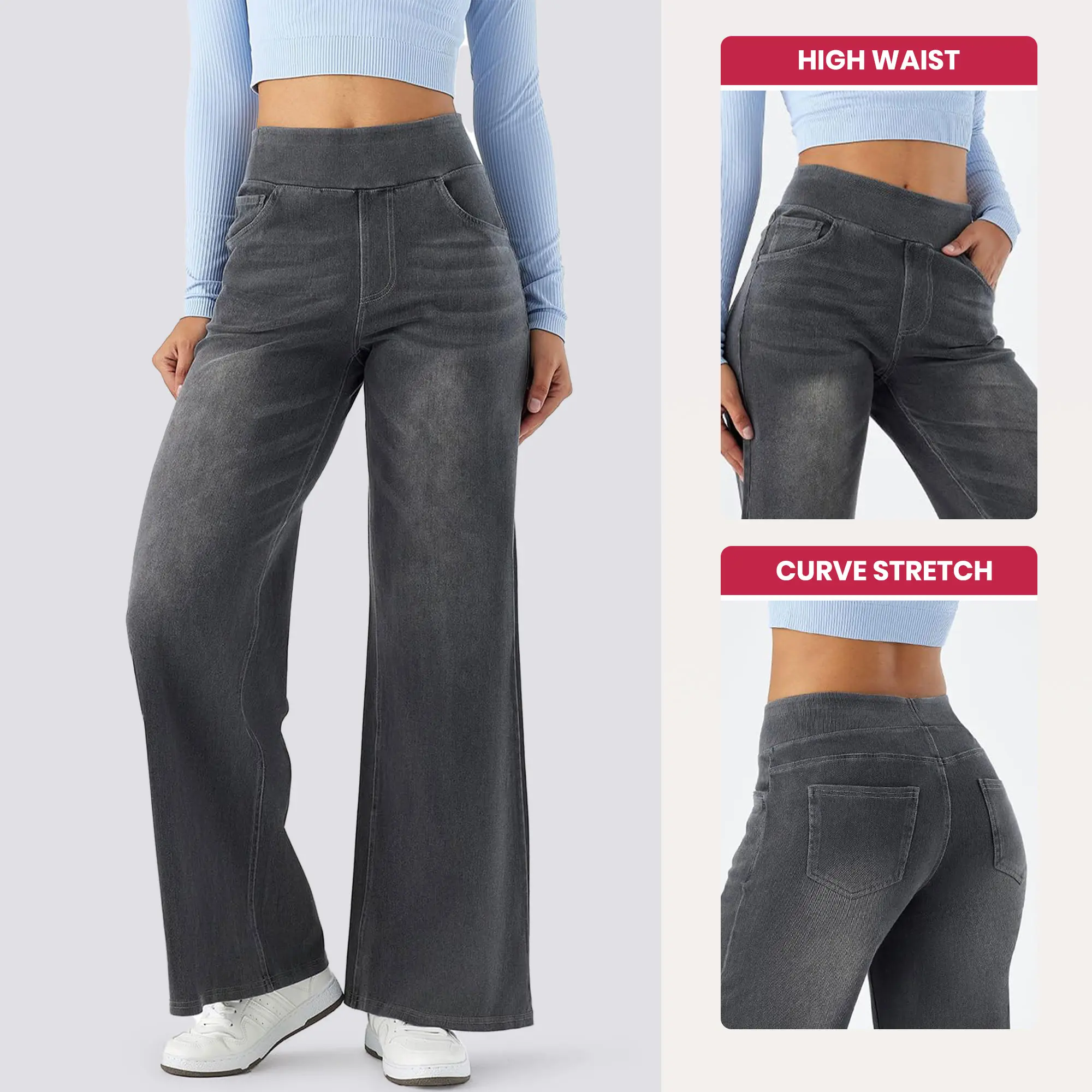 SHOWITTY Lady's High Waisted Wide-Leg Straight Jeans with Pockets - Stretchy Denim Bottoms, Basic Clothes with High Waisted Design, Trouser
