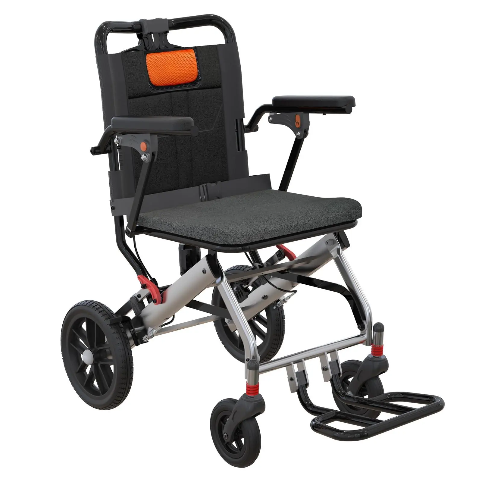 Gaomon Ultra-Lightweight Aluminum Alloy Elderly Transport Wheelchair with Foldable Portable Design, Locking Handbrake, Removable Flip-Up Arms, Swinging Footrests, User-Friendly Design (Gray-Orange)