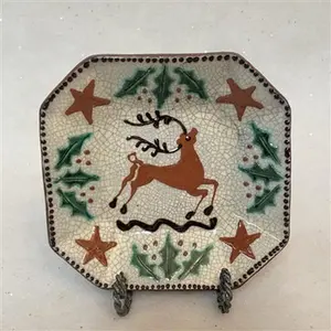 Stag Redware Plate with Holly - Decorative Design, Features Red Deer, Includes Decorative Elements