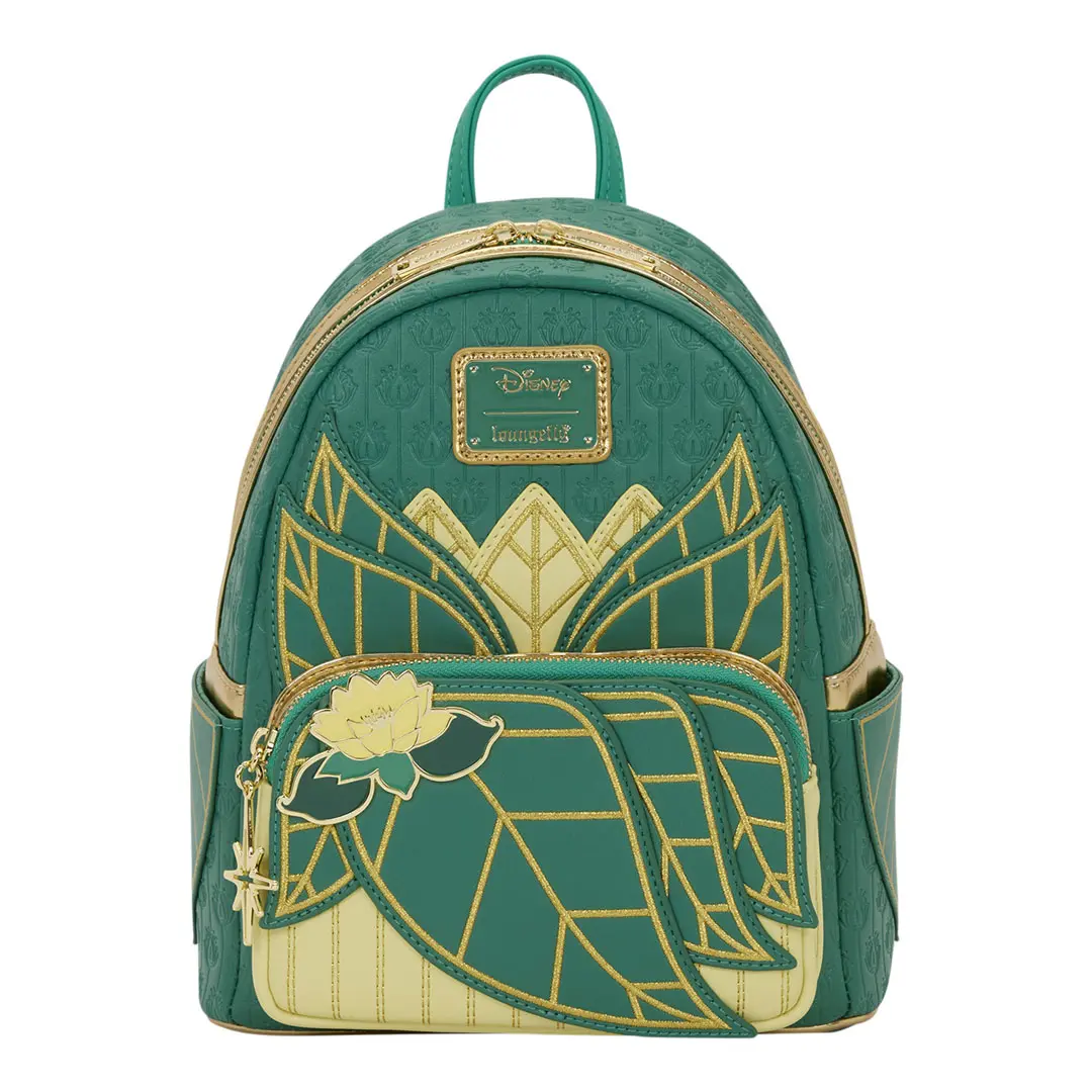 Loungefly Disney The Princess and the Frog Tiana Cosplay Faux Leather Mini Backpack for Adults with Debossed Details, Embroidered Leaf Pockets & Gold Rivet Detail, Side Pockets, Enamel Fill Rivet