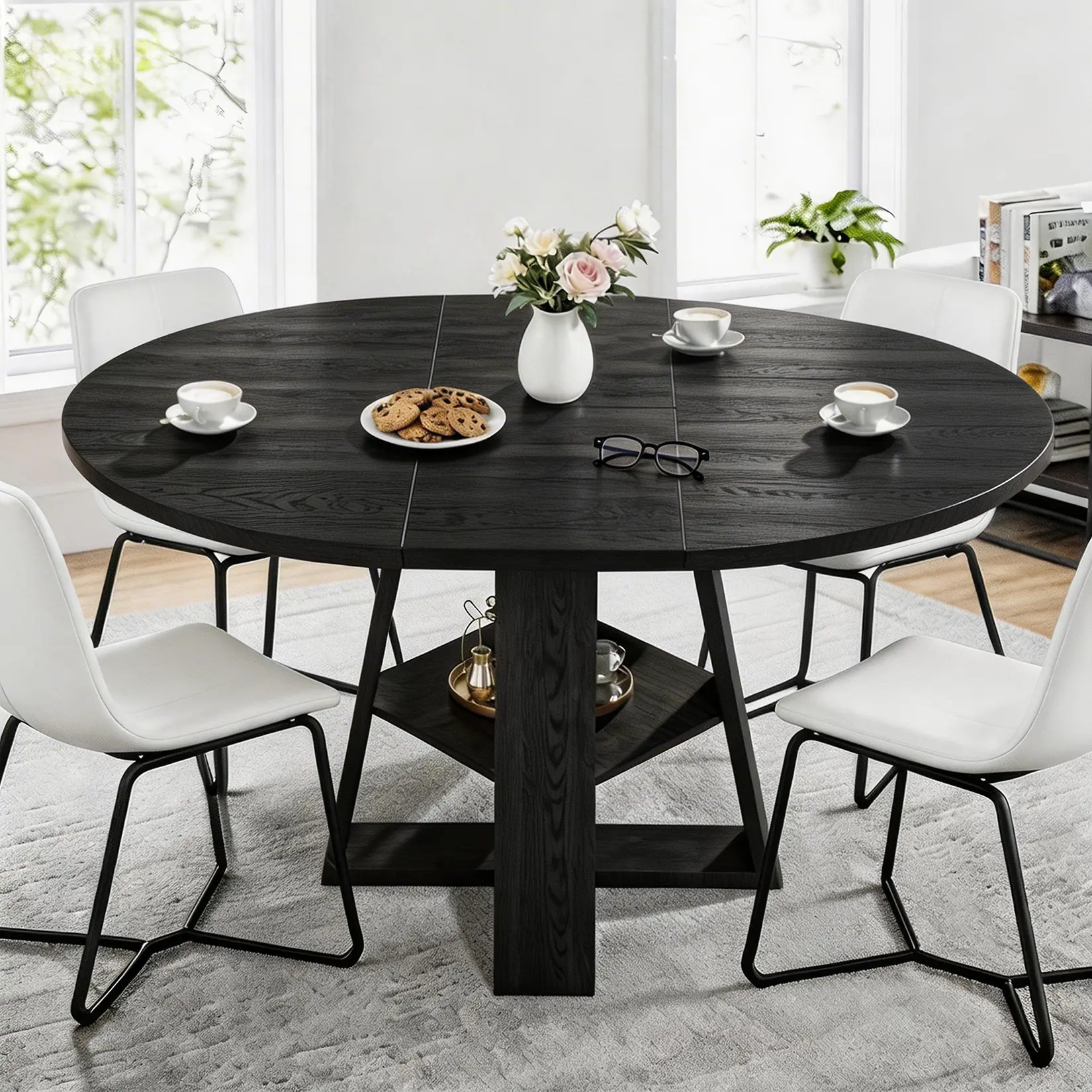 AHB 43.3in-59in Extendable Round Dining Table for 4-8, Expandable Oval Kitchen Table with Storage Shelf, Modern Circular Dinner Table with Sturdy V-Shaped Legs for Small Space, Living Room, Restaurant