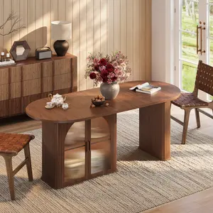 【CategorySelect】ONBRILL 70 Inch Oval Dining Table for 6-8, Modern Dining Room Table with 2-Tier Storage Space, Wood Kitchen Table with LED Light, Dinner Table with Heavy Duty Legs