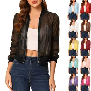 Women's Collared Mesh Sheer Bomber Jacket - Danedvi Simple Style, High Waist Fitted Crop, Lightweight Long Sleeve Zip-Up, Comfortable Breathable Basic Outwear for Matching Tube Tops