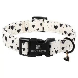 Maca Bates Valentine's Dog Collar - Adjustable White & Black Heart Puppy Collar with Quick Release Buckle for Small Medium Large Girl Boy Dogs