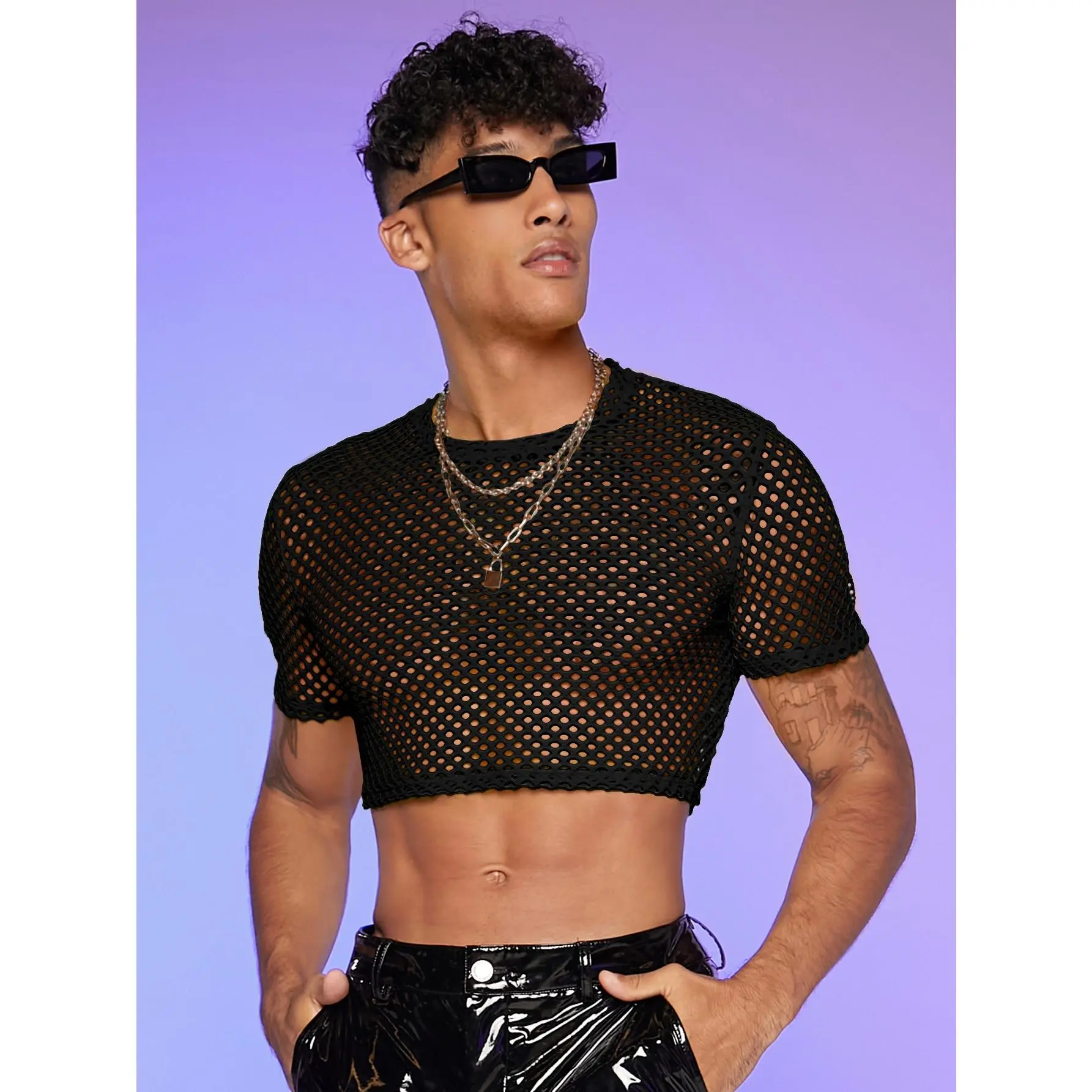 Men's Fishnet Mesh T-Shirt, See-Through Short Sleeve Streetwear Crop Top for Summer and Festival Wear, Polyester, Men's See Through, Everyday, Crew Neck, Stretch Fit, Office, Fabric, Tshirt