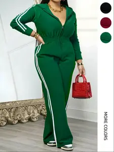 Women's Zipper Sporty with Hat Design, Side Stripe Casual Sports Set, Comfortable and Stylish Athleisure Style All-Season Wear, Sporty Comfy Jumpsuit
