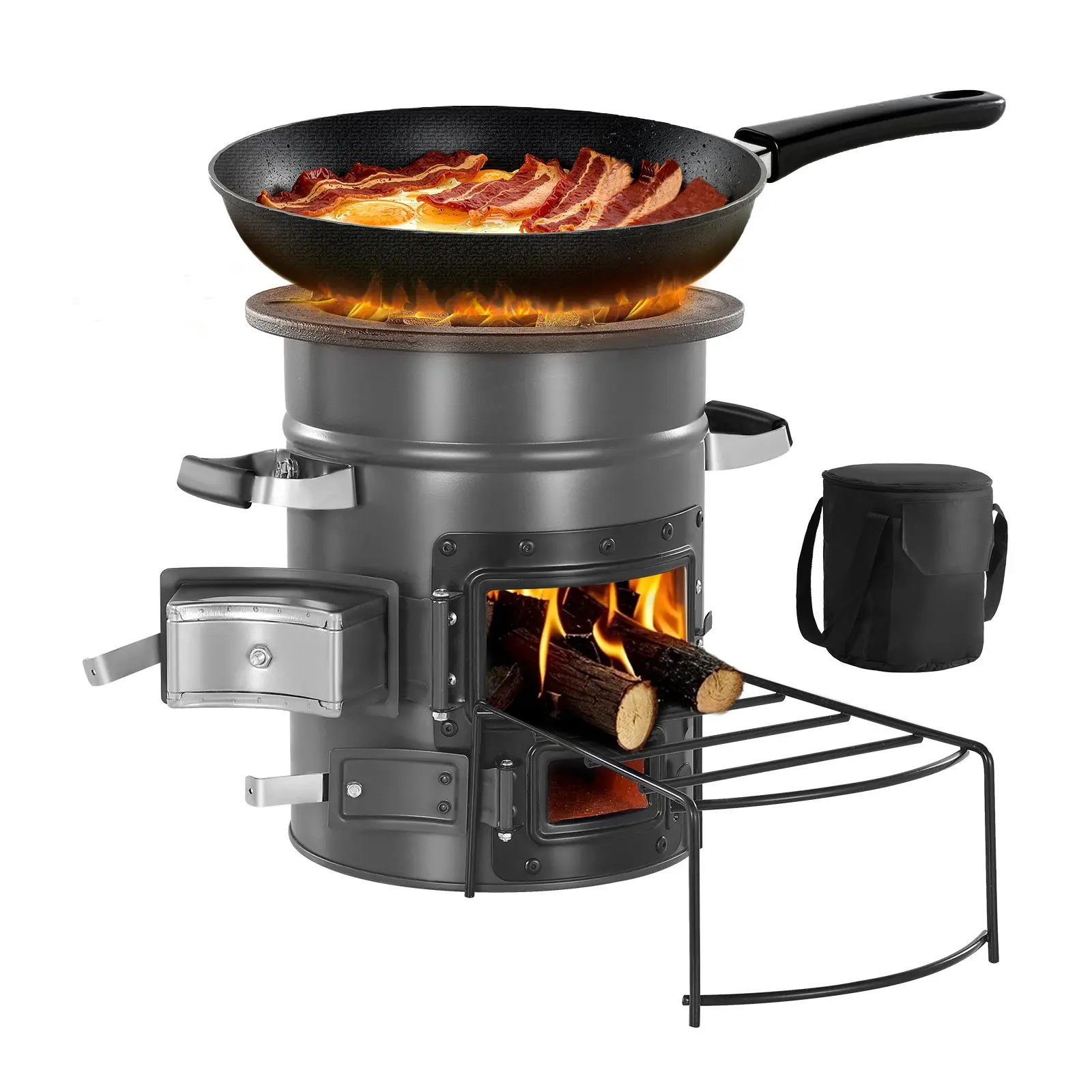 【Summerfinds】VEVOR Portable Cylindrical Camping Rocket Stove, SPCC Steel Wood-Burning Camping Equipment with Carry Bag, Double-Door Kitchenware Built for Longer Burns, Uses Twigs, Sticks or Charcoals for Backpacking