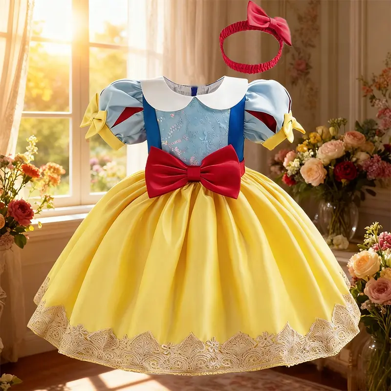 048 Short-sleeved Snow White  performance gown tutu skirt Embroidered patchwork princess  with back bow dress