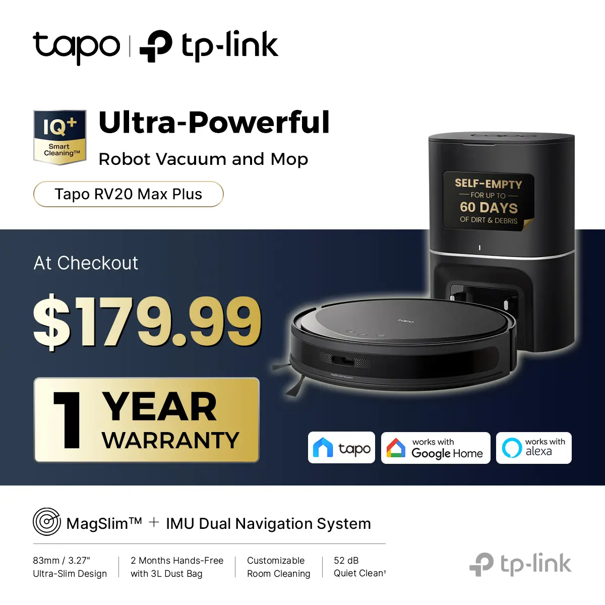 [DealsForYouDays] Tapo RV20 Max Plus Ultra-Slim Robot Vacuum and Mop with 5300Pa Suction, MagSLIM LiDAR Navigation, Auto-Empty Dock, 97% Dust Pickup, Alexa & Google Home Compatible - Deep Cleaning Machine Deep Cleaning Machine Automatic Wireless