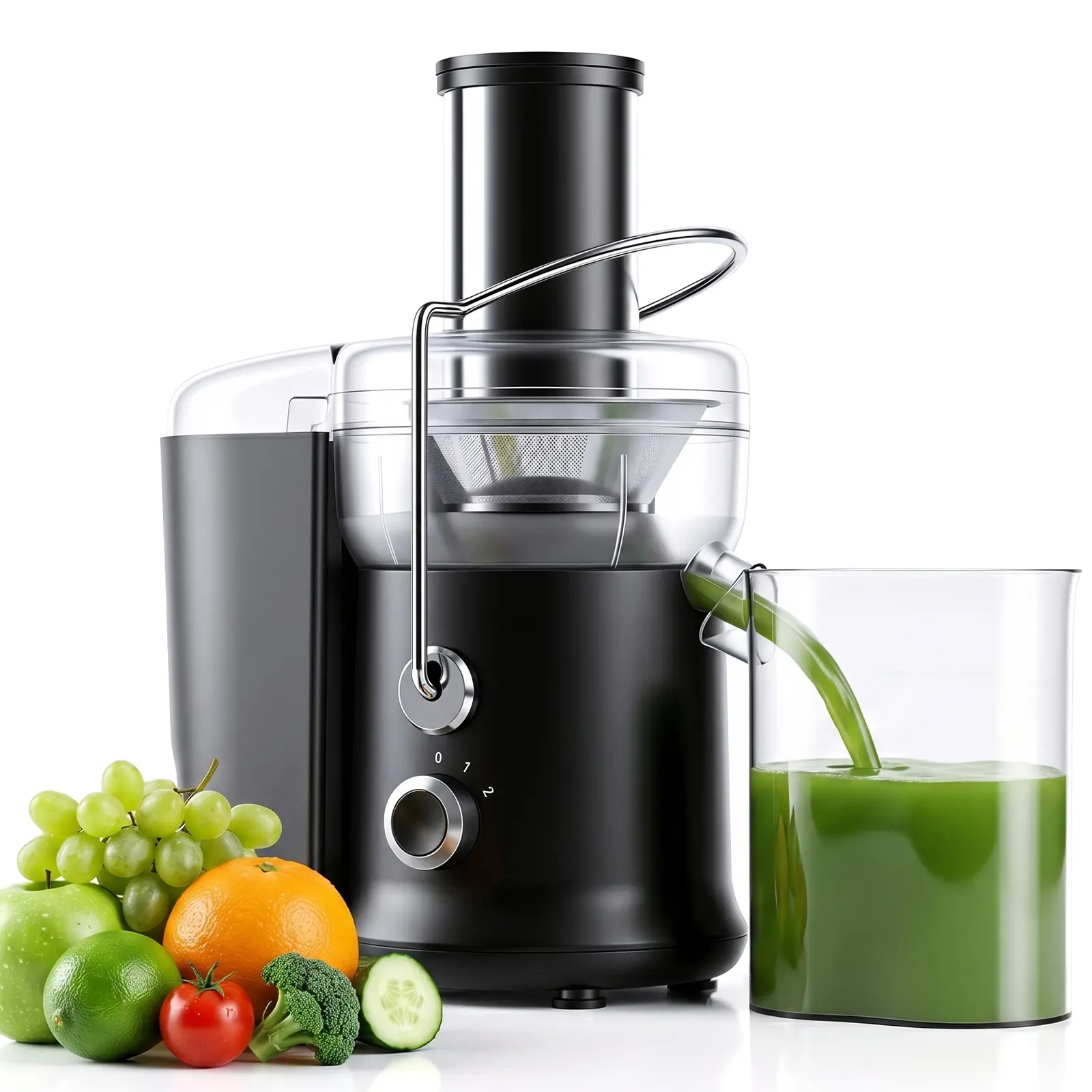 2 Speed Centrifugal Juicer Machine with Safety Lock System, Stainless Steel Filter Juicer Extractor, Anti-Drip Spout, Dishwasher Safe Parts with Cleaning Brush for Fruits Vegetables