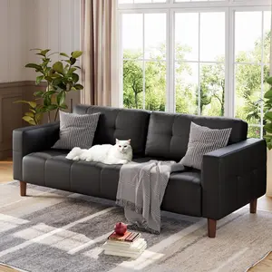 Garvee 3-Seater Sofa Couch, 83 in Wide Faux Leather Sofa Couch with Spring Cushion, Modern Sofa with Deep Seats and 2 Removable Back Cushions, for Living Room, Bedroom, Apartment, Office, Black