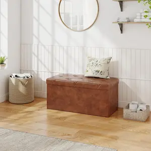 Elegant Brown Storage Ottoman with Thick Padding 30 inch - 660lb Load Capacity Foldable Foot Rest Seat & Organizer, for Lounge, Bedroom, Hallway