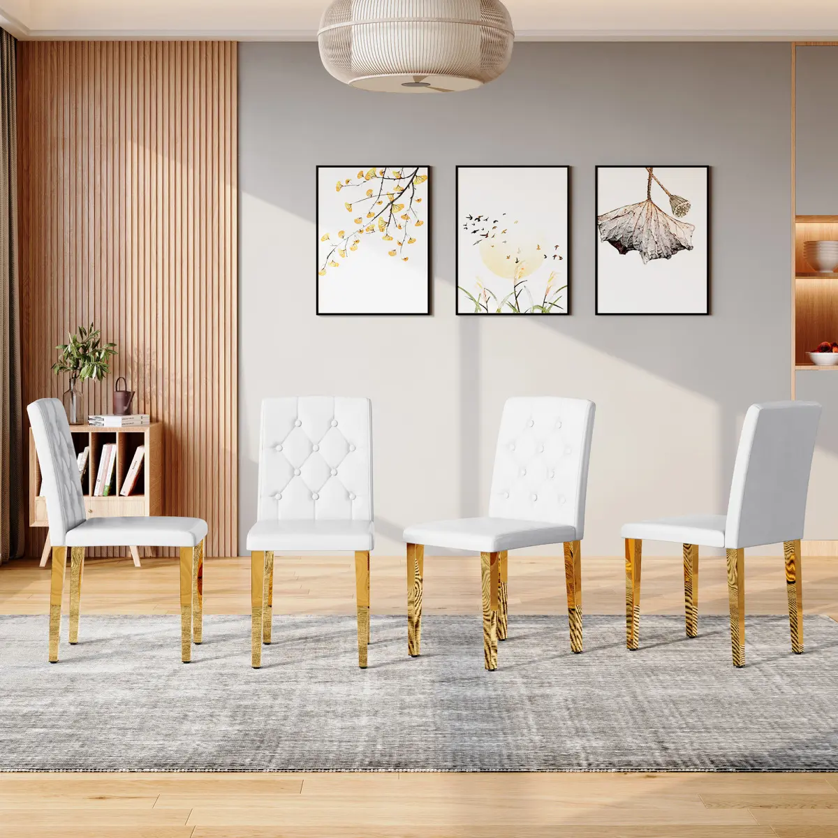 4-Pack White PU Fabric Dining Chairs - Armless Legged Indoor Furniture Chairs, Ergonomic Buckle Backrest, 35in High, Golden Metal Legs, Comfy Fabric Design for Family Dining Rooms, Hotel Banquet Halls, Armless Legged Chair