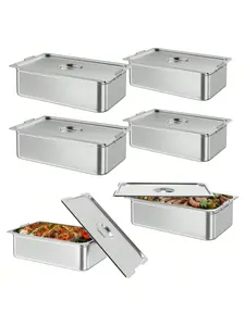 silver- 6 Pack Full Size Food Pans, 6 Inch Deep Commercial Catering Hotel Pan, NSF Certified, Stainless Steel Anti-Jamming Steam Table Pan, Handle + Lid Kitchen Smooth