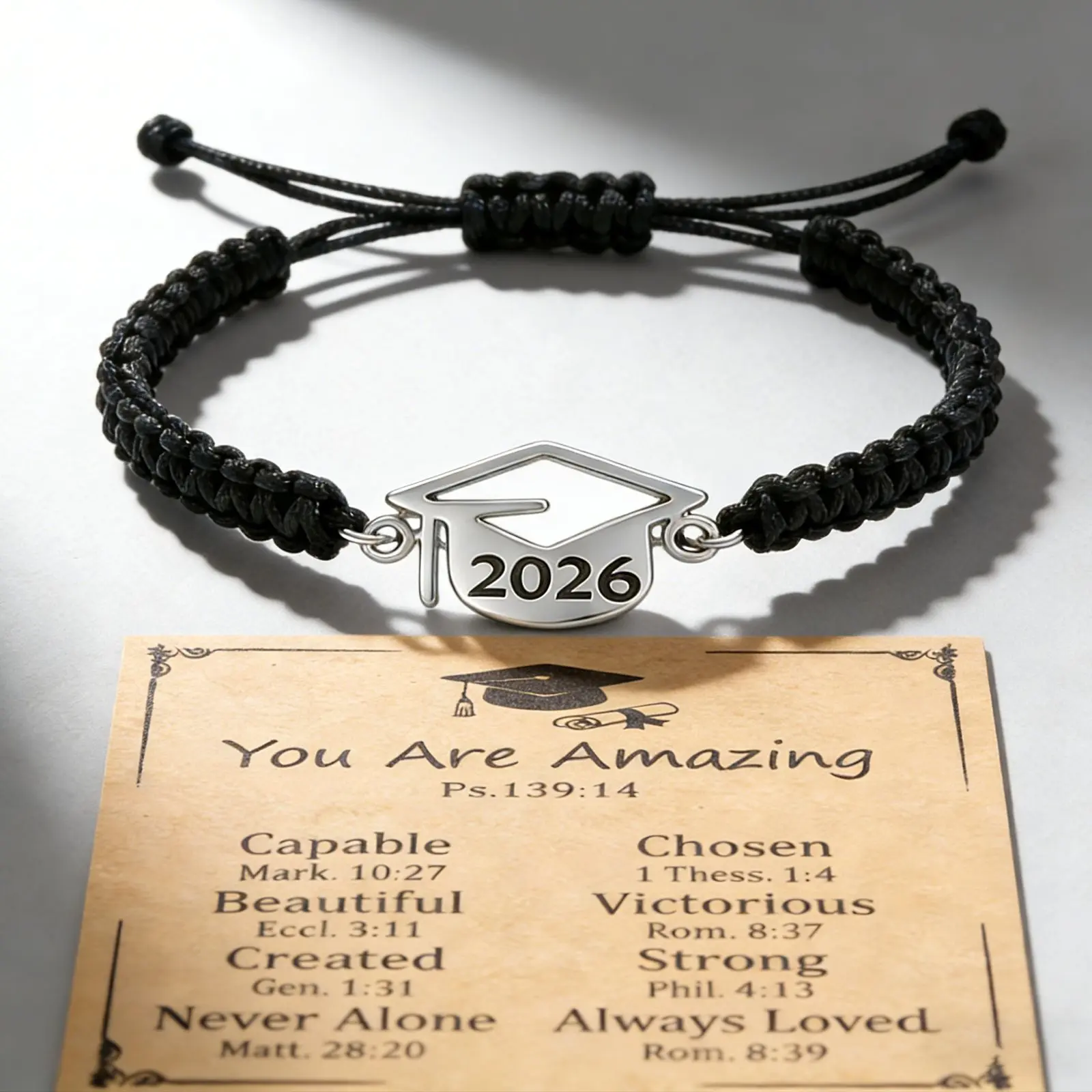 2026 Graduation Bracelet, Adjustable Braided Cord Graduation Cap Charm Bracelet with Inspirational Scripture Card, Graduation Gift for Class of 2026
