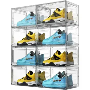 XL Shoe Box,8 Pack Drop Side Shoe Boxes Clear Stackable,Sneaker Display Case with Door Fit up to US 13(13.4"x 10.6"x 8.3"(8 Pack Clear)