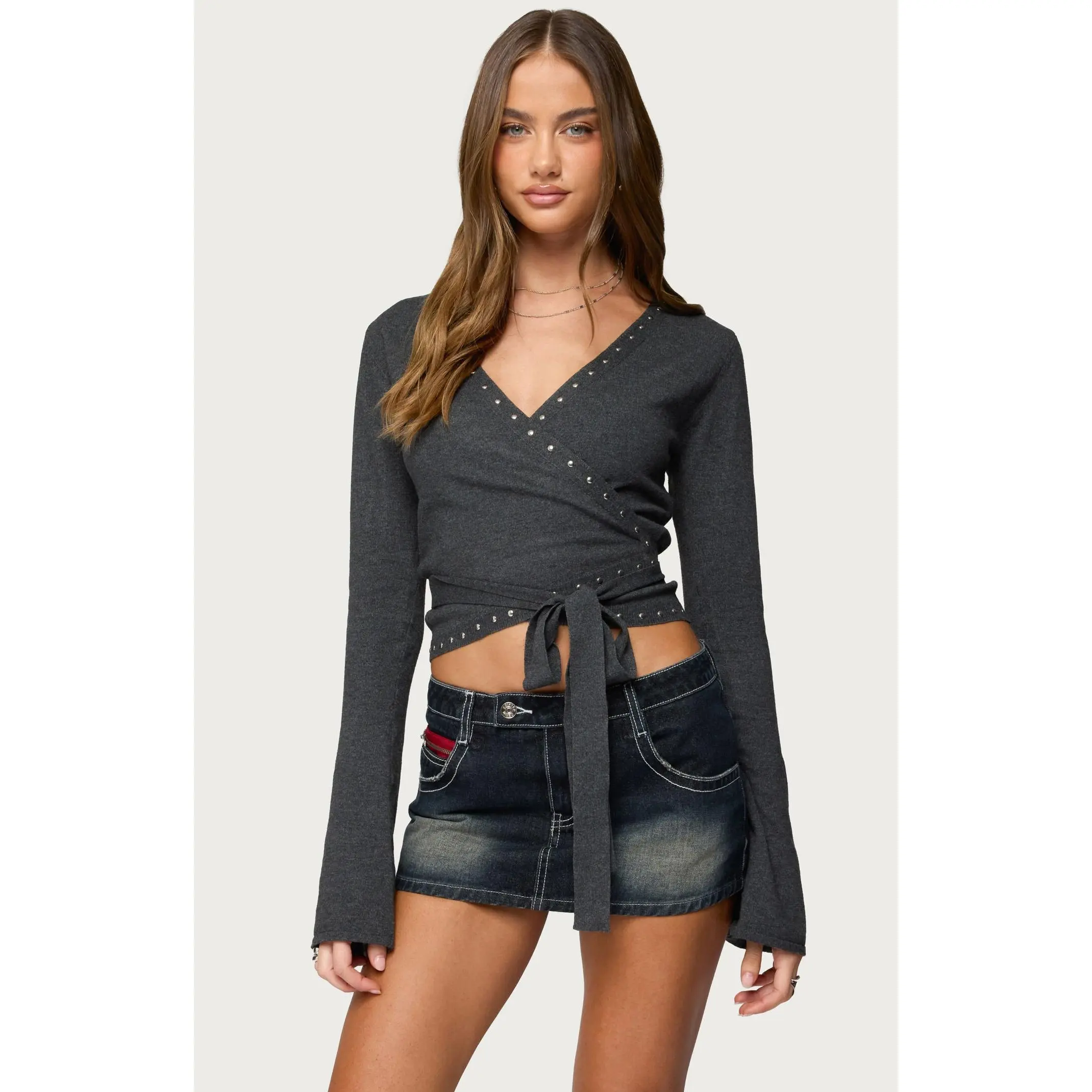 Edikted Women's Roccia Studded Knit Wrap Top