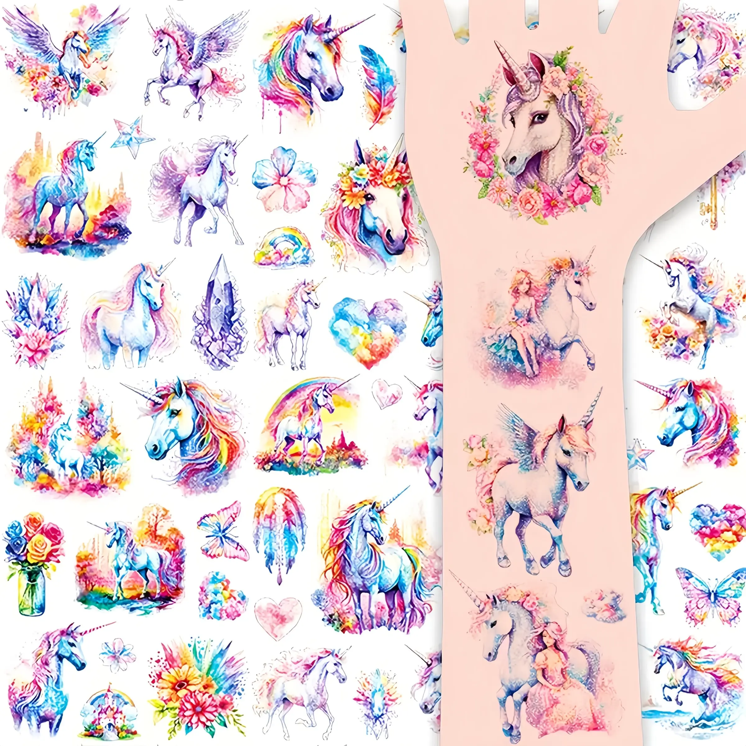 Flashy Temporary Tattoo Stickers (12 Sheets, 114 Designs) - Colorful Fantasy Horse Elements, Durable Shiny Fake Tattoos, Lasts 2-5 Days, Perfect for Parties
