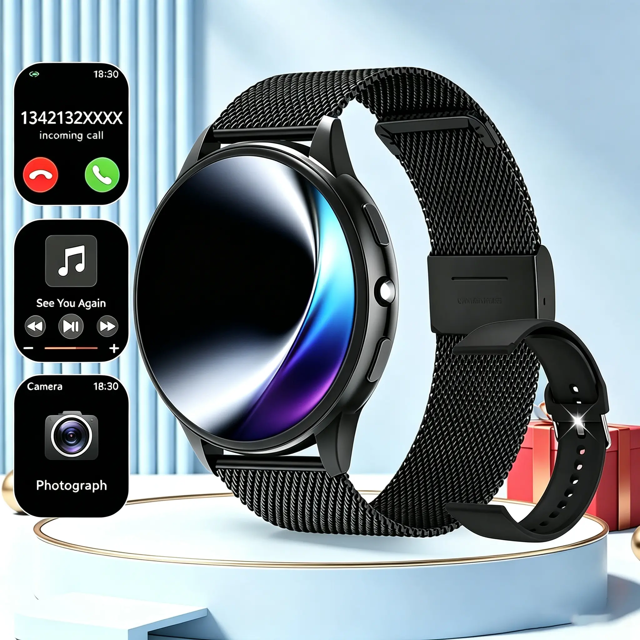 Wearable Smart Sports Watch - Wireless Calling, Multiple Sports Modes, Remote Camera Control, Music Playback - Compatible with iPhone, Android Phones - Ideal Holiday Gift