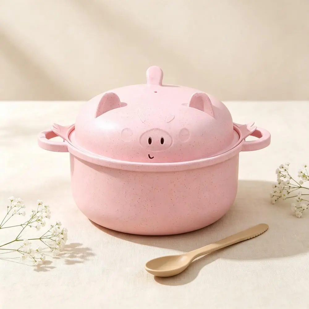 Wheat Straw Noodle Cooker Pot with Strainer Lid for Home, Pig Shape Design Cookware Set, Pink